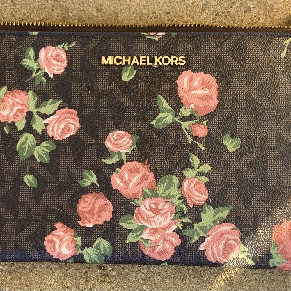 Michael Kors Pink and Brown Floral Wristlet